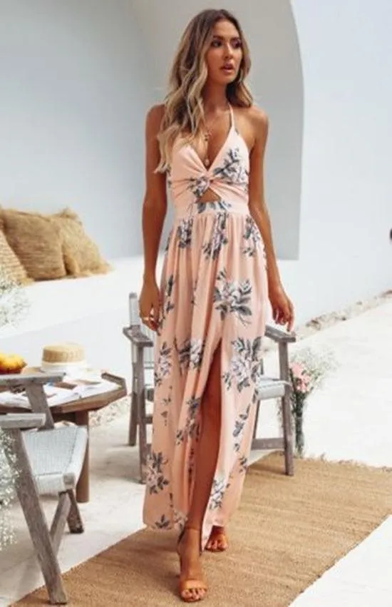 Boho Summer Elegant Floral Halter V Neck Dress