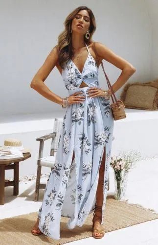 Boho Summer Elegant Floral Halter V Neck Dress