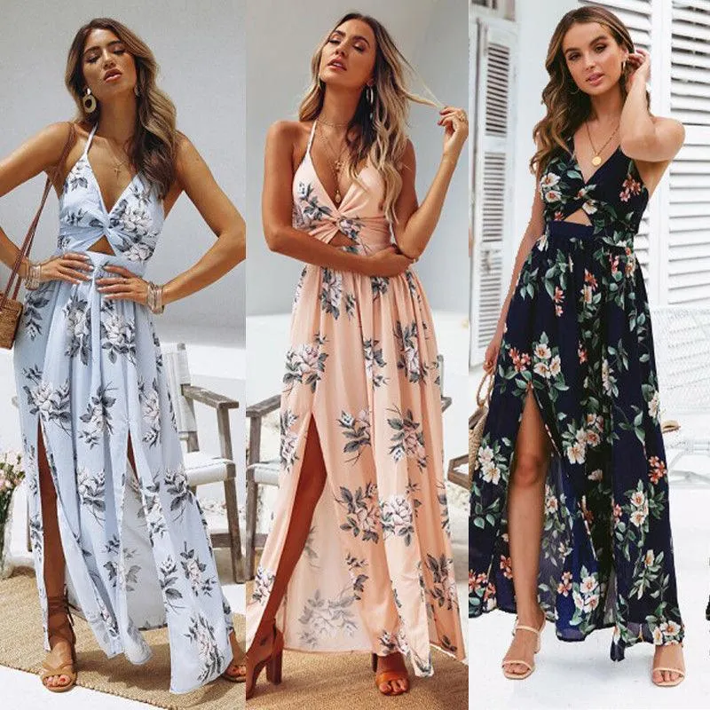 Boho Summer Elegant Floral Halter V Neck Dress