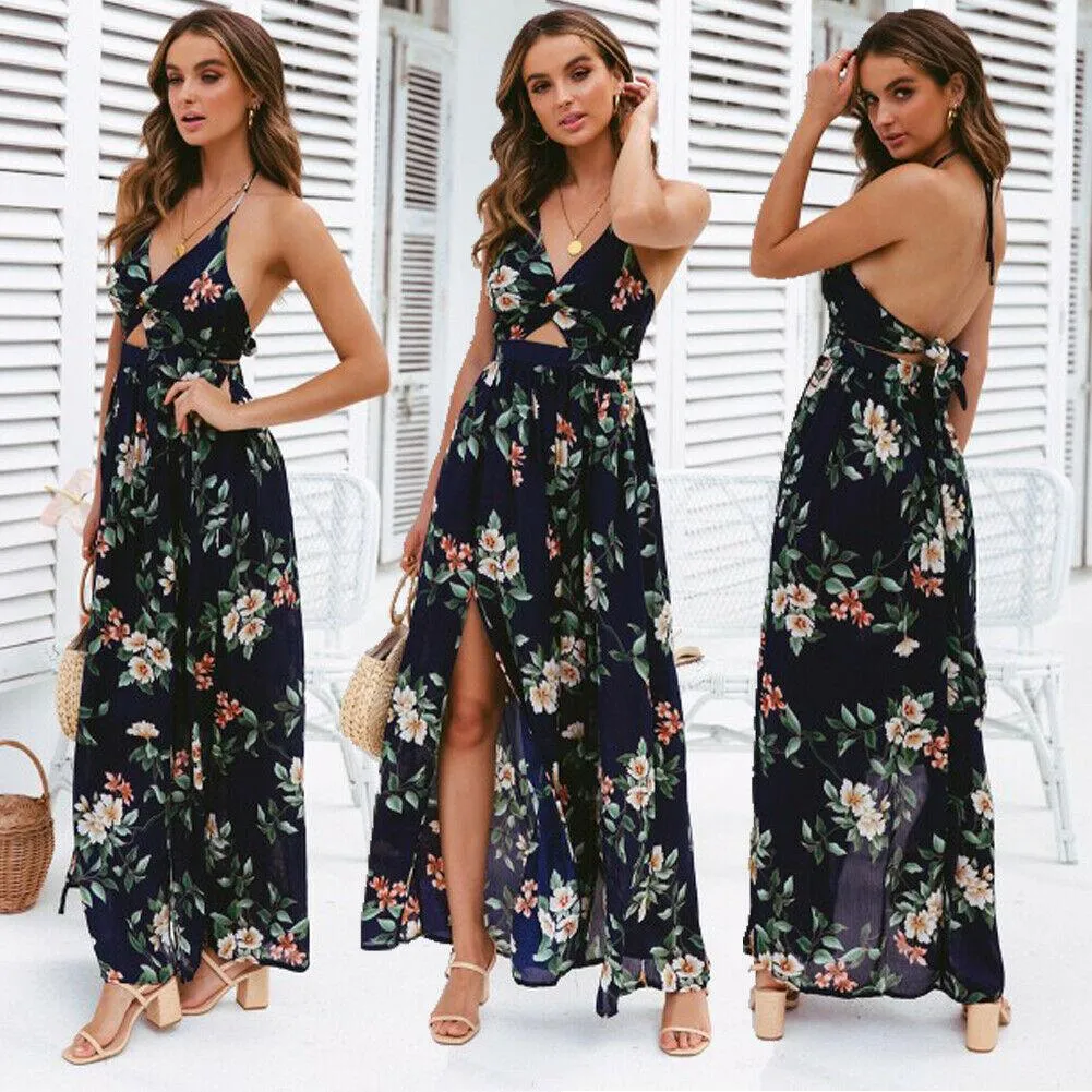 Boho Summer Elegant Floral Halter V Neck Dress