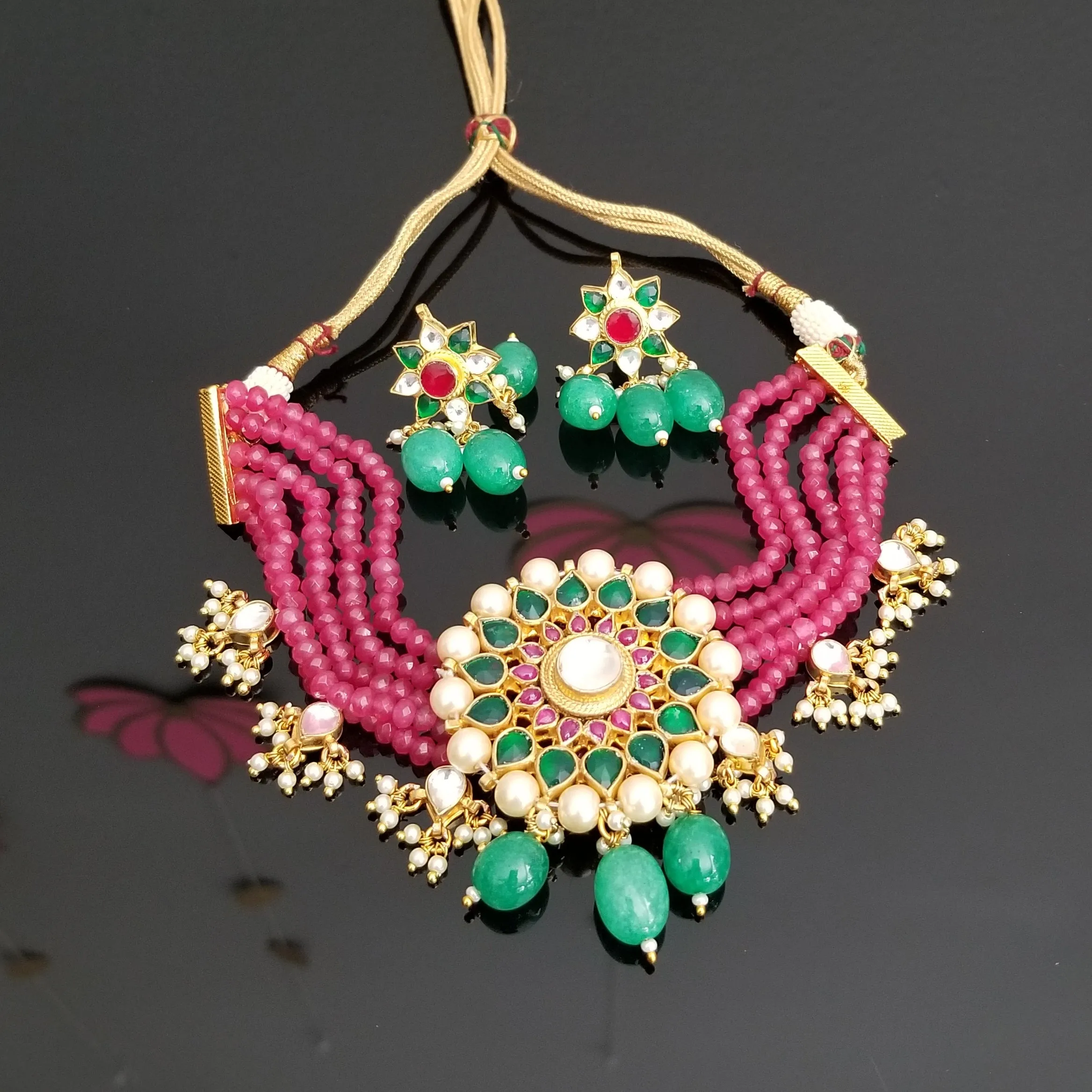 Hard Gold Plated Kundan Beads Necklace Set JT24