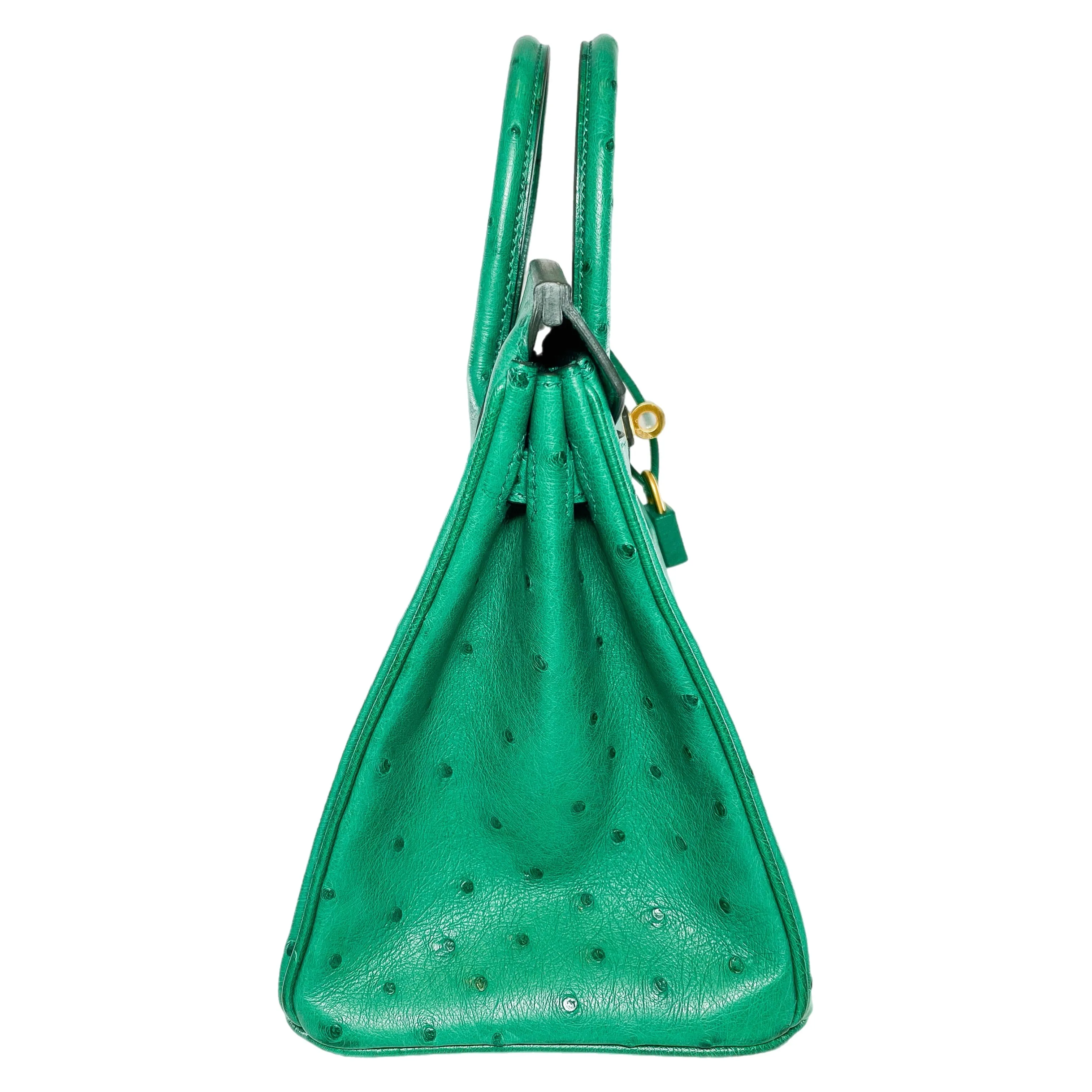 Hermes Birkin 25 Malachite Ostrich Special Order Horseshoe Stamp Brushed Gold Hardware
