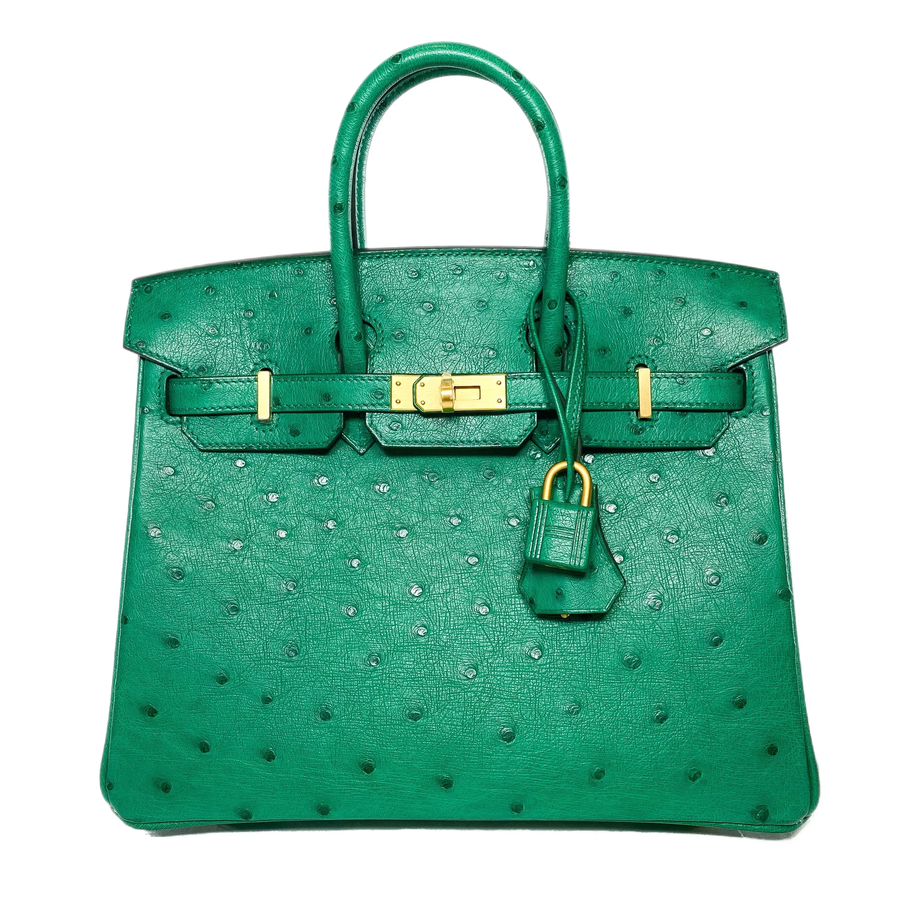 Hermes Birkin 25 Malachite Ostrich Special Order Horseshoe Stamp Brushed Gold Hardware