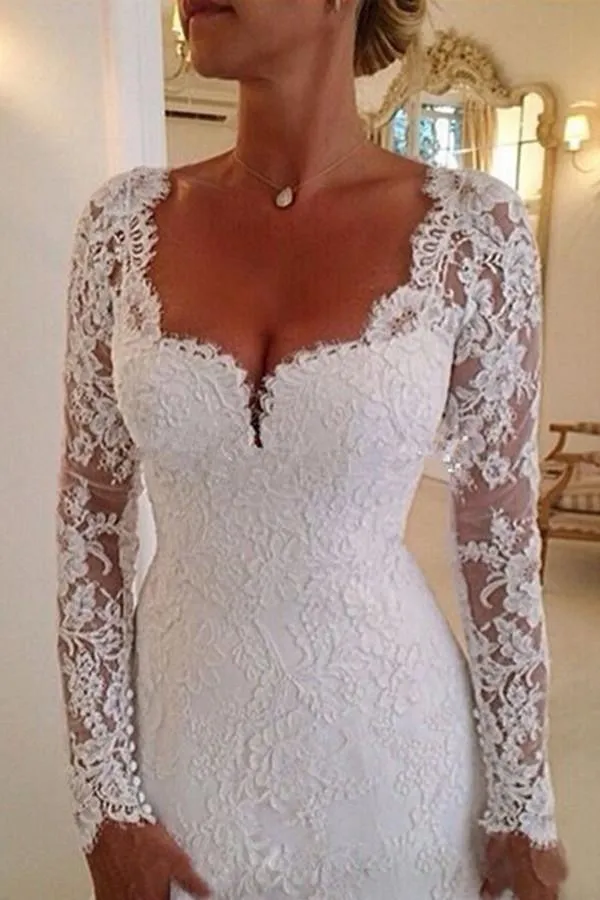 Long Sleeves Appliques Lace Wedding Dresses Chapel Bridal Gown TN0054