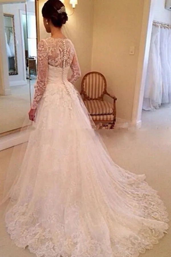 Long Sleeves Appliques Lace Wedding Dresses Chapel Bridal Gown TN0054
