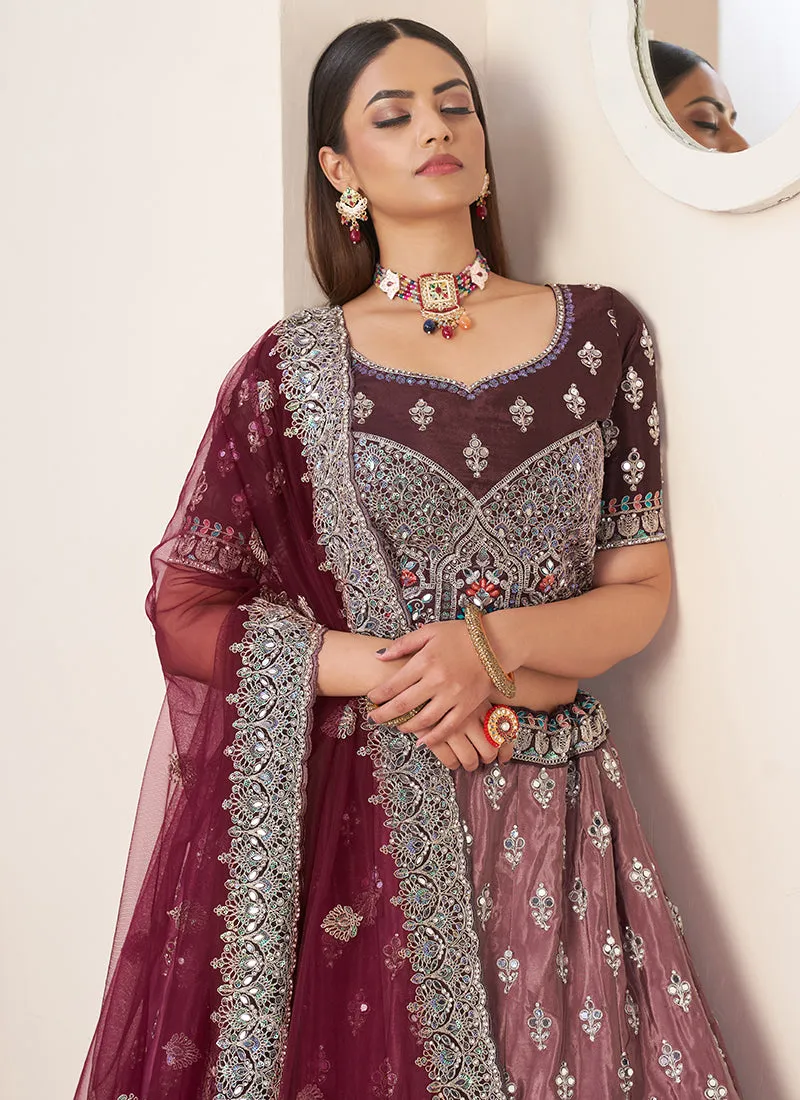 Maroon Ombré Embroidery Wedding Lehenga Choli