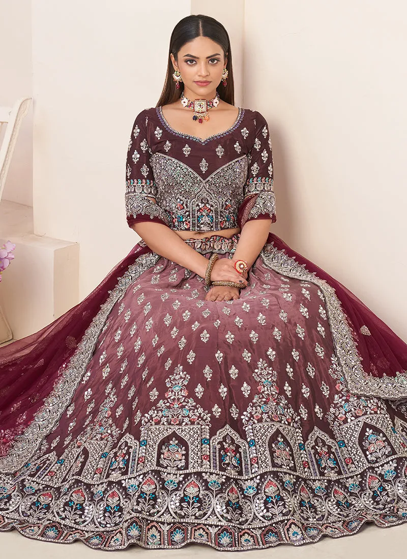 Maroon Ombré Embroidery Wedding Lehenga Choli