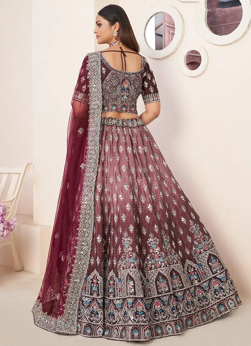 Maroon Ombré Embroidery Wedding Lehenga Choli