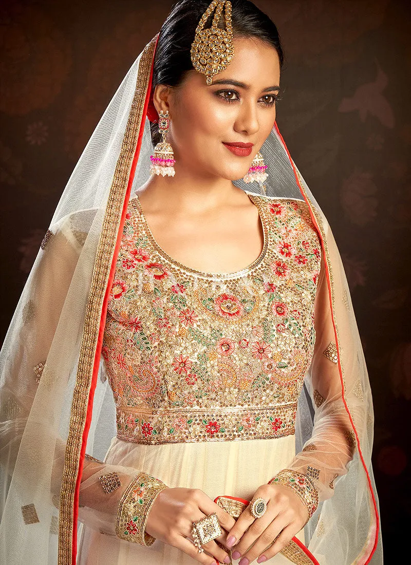 Off White Multi Embroidered Wedding Anarkali Suit
