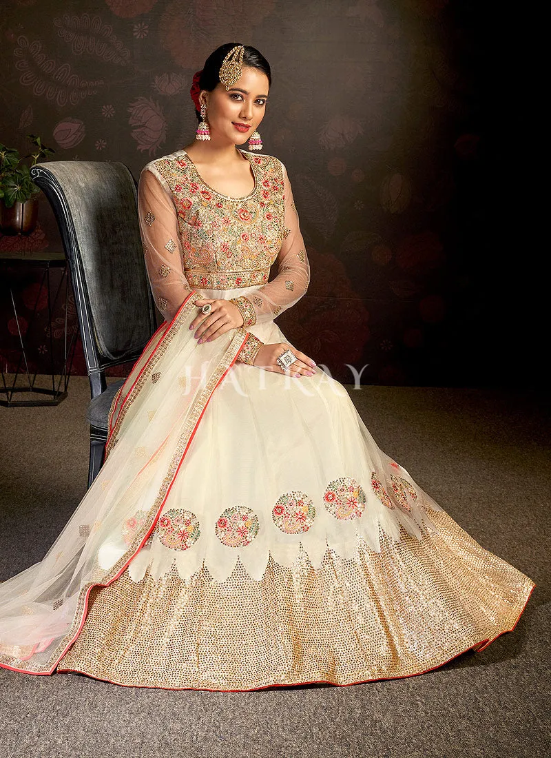 Off White Multi Embroidered Wedding Anarkali Suit
