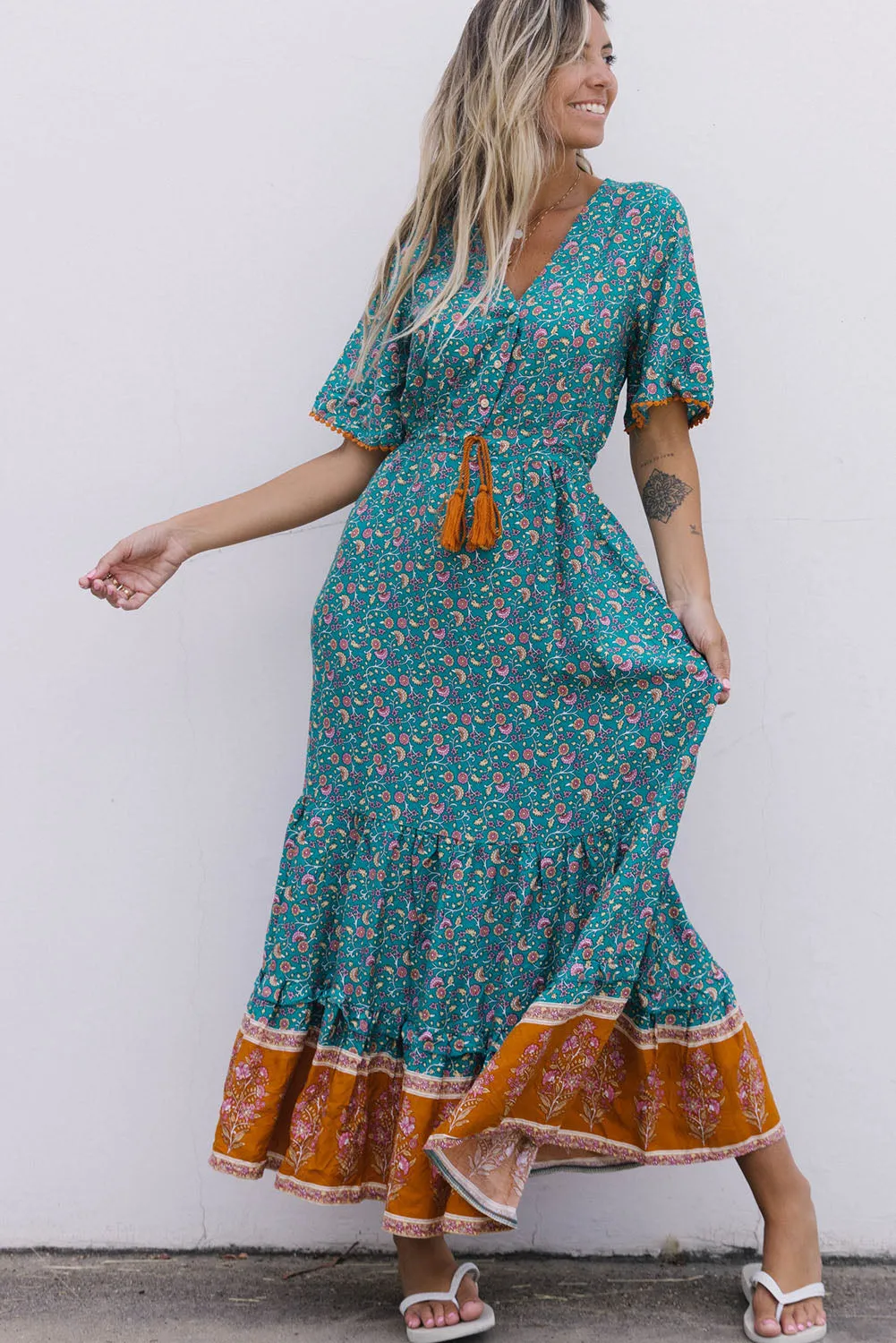 Sky Blue Wrap V Neck Lace-up High Waist Floral Dress