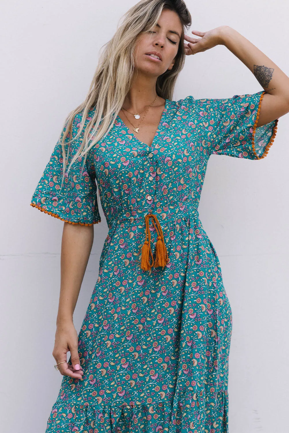 Sky Blue Wrap V Neck Lace-up High Waist Floral Dress