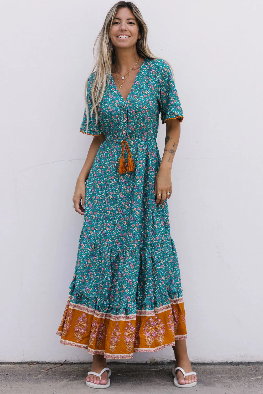 Sky Blue Wrap V Neck Lace-up High Waist Floral Dress