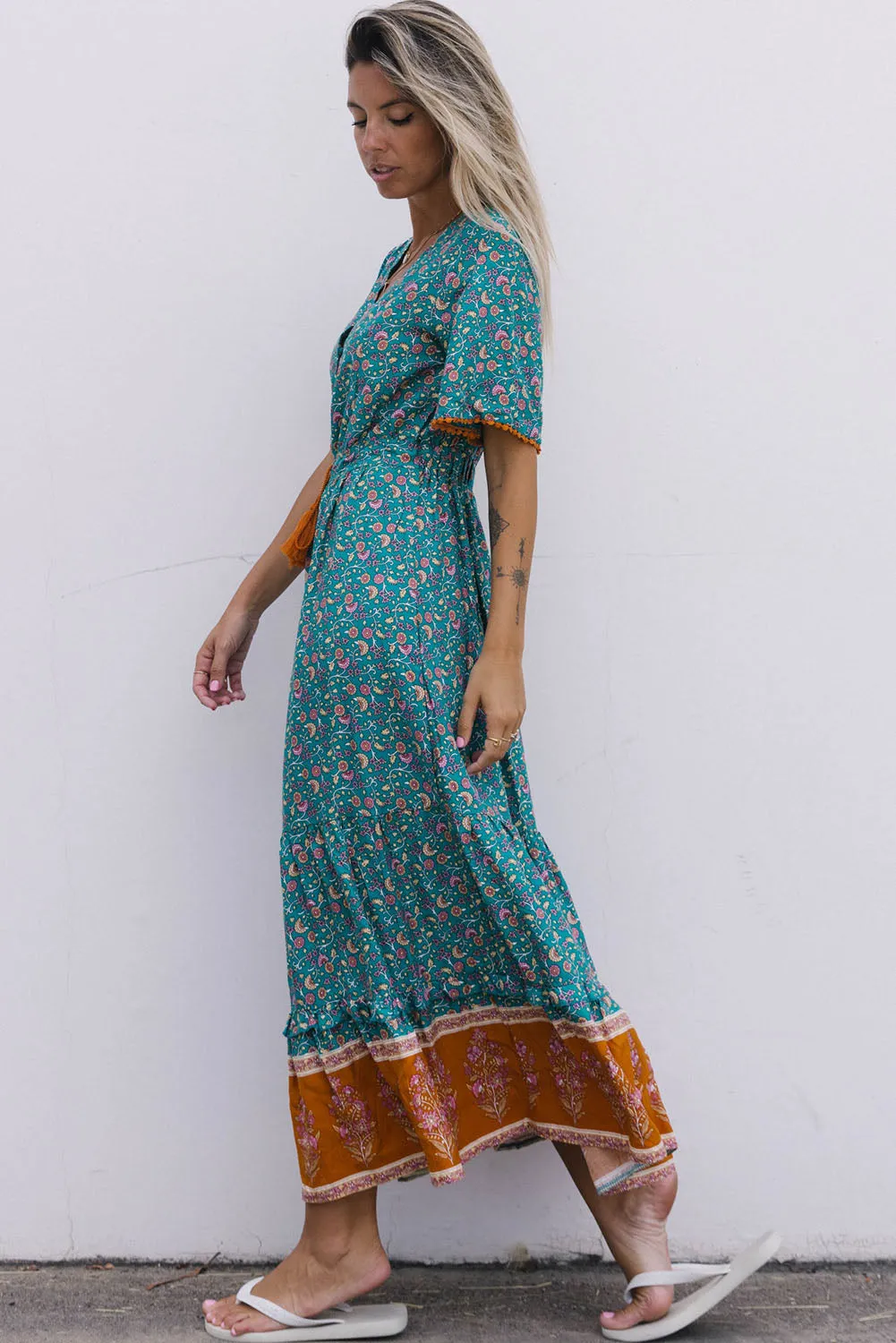 Sky Blue Wrap V Neck Lace-up High Waist Floral Dress