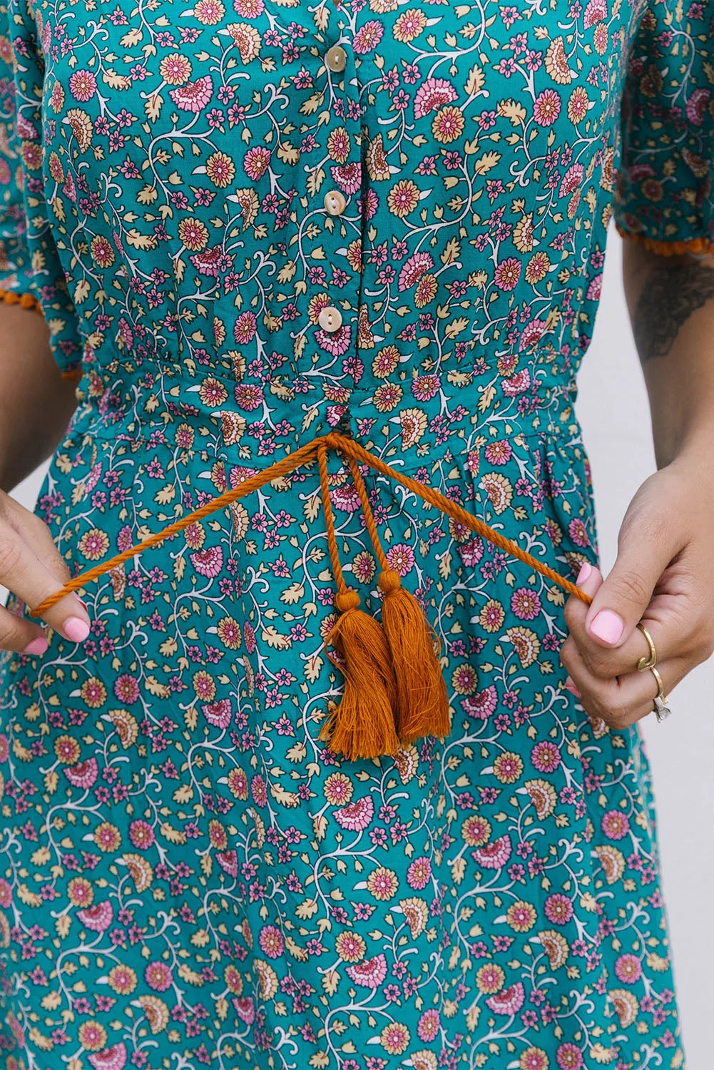 Sky Blue Wrap V Neck Lace-up High Waist Floral Dress