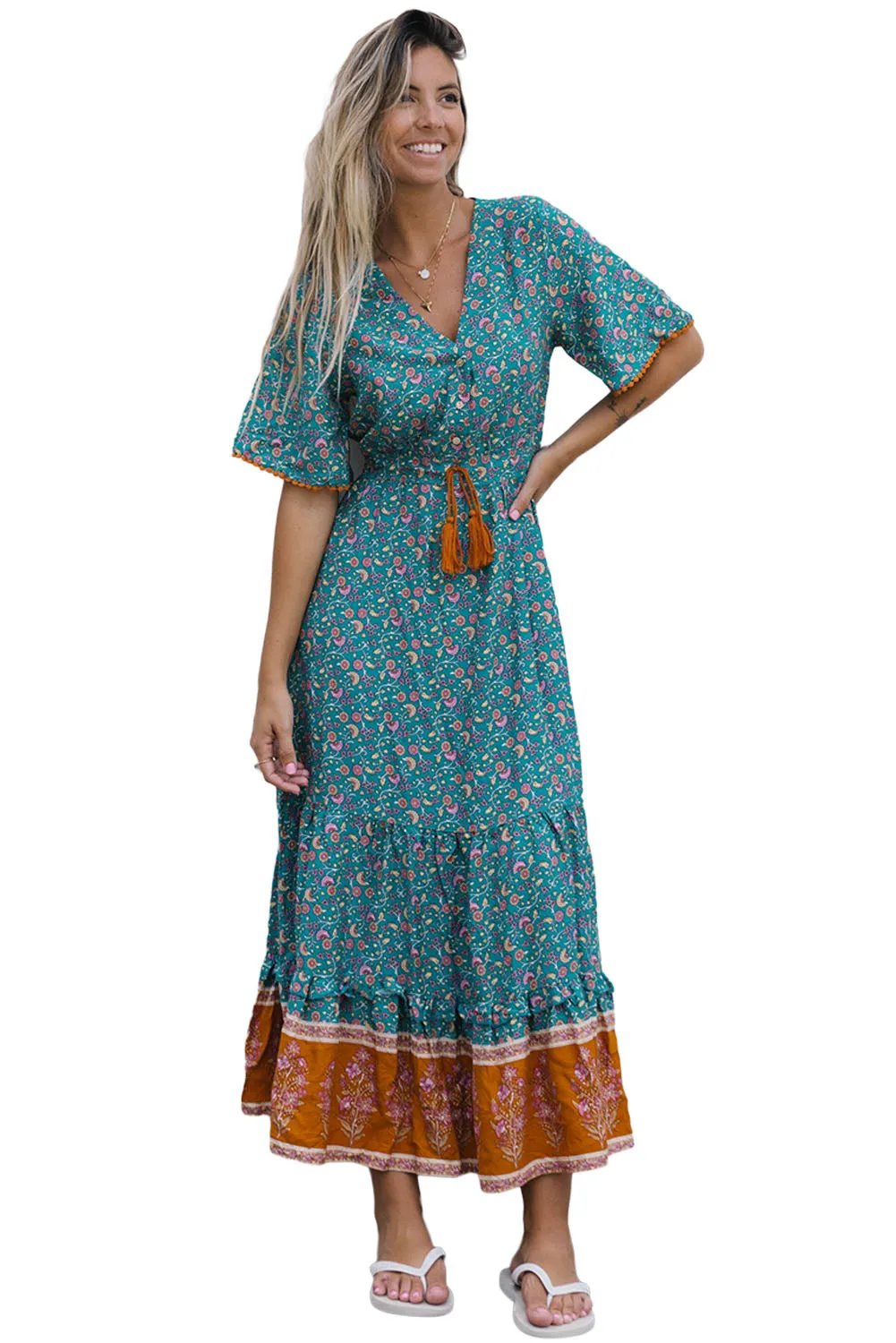 Sky Blue Wrap V Neck Lace-up High Waist Floral Dress