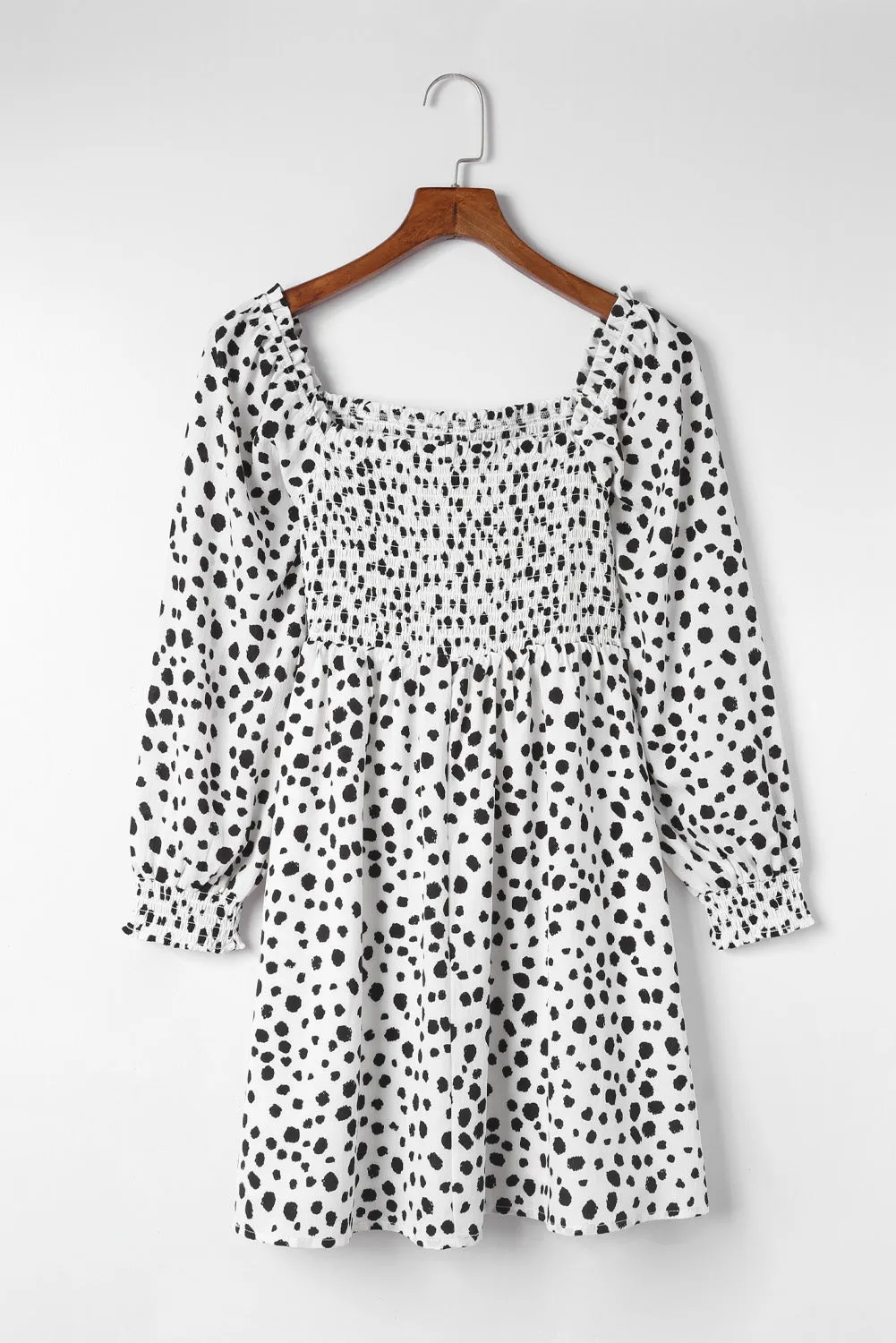 Square Neck Smocked Spotted Print Short Dress