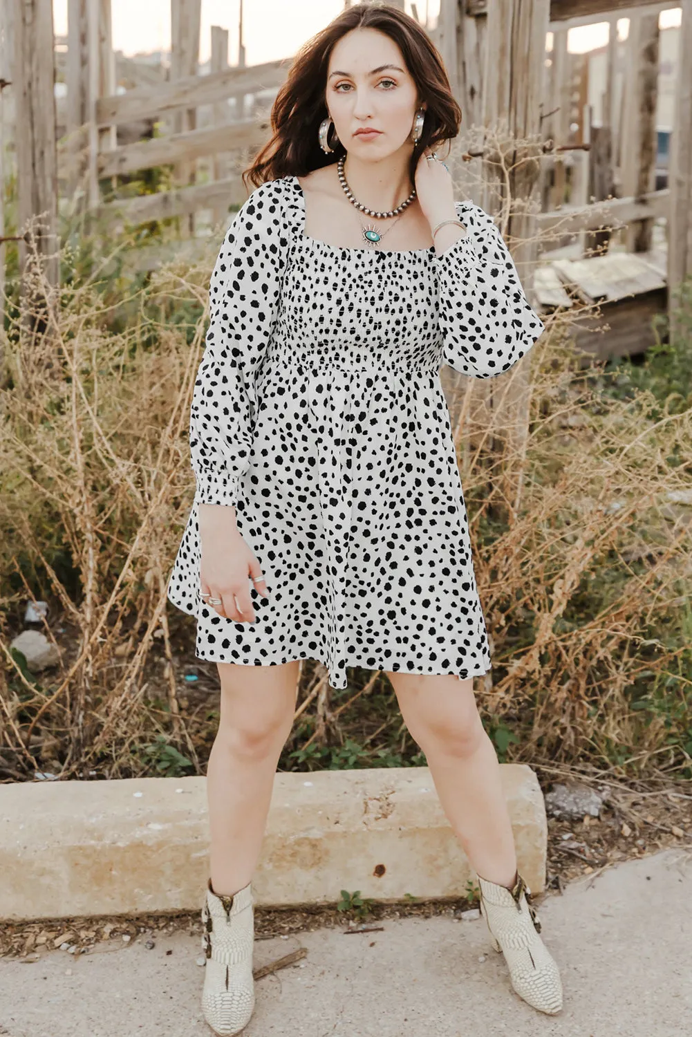 Square Neck Smocked Spotted Print Short Dress