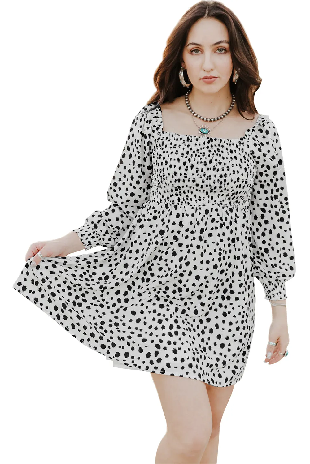 Square Neck Smocked Spotted Print Short Dress