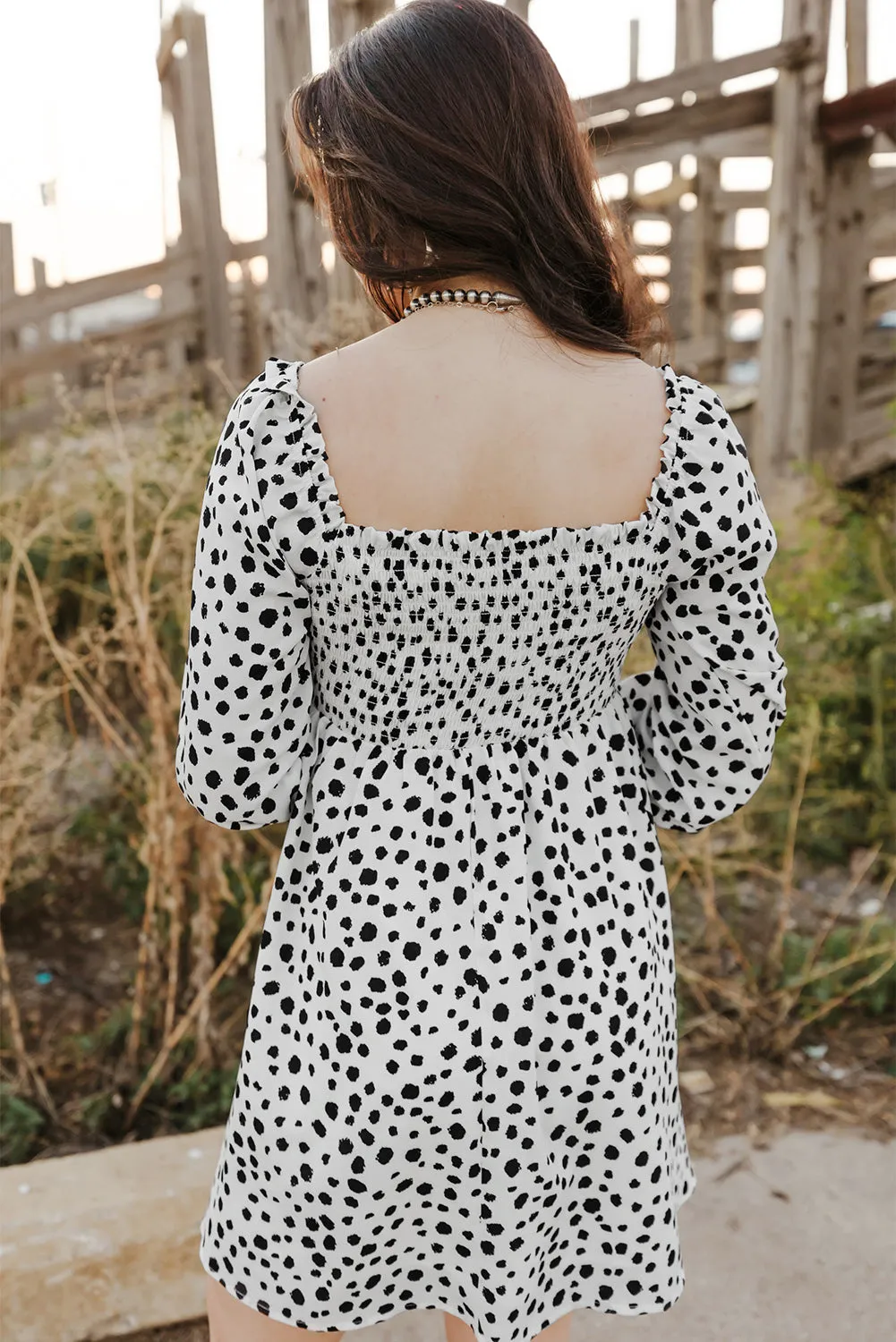 Square Neck Smocked Spotted Print Short Dress