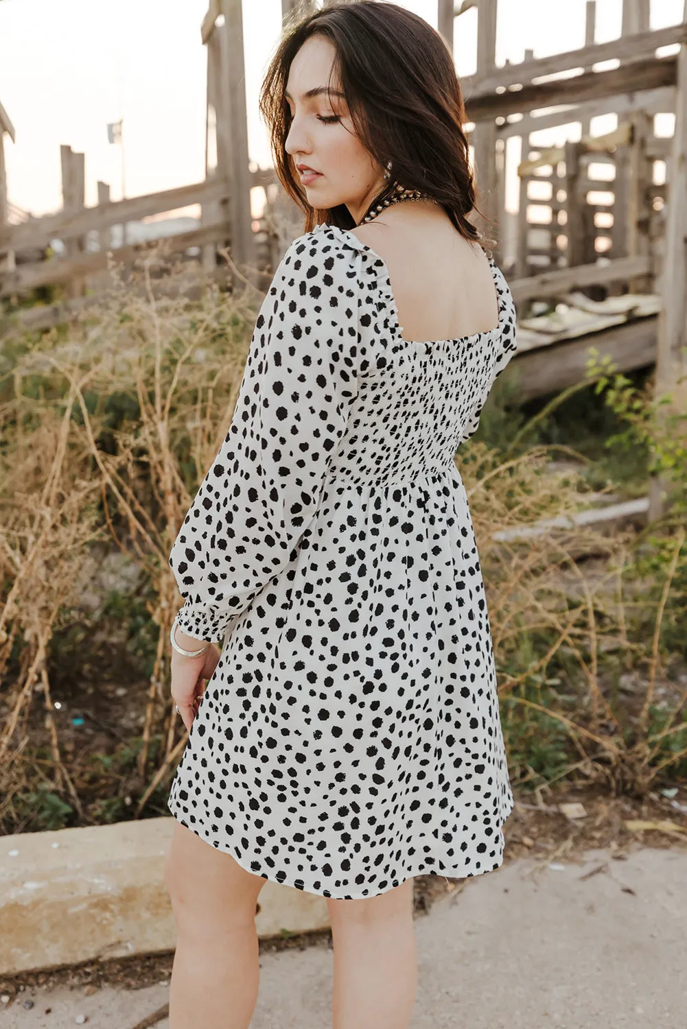 Square Neck Smocked Spotted Print Short Dress
