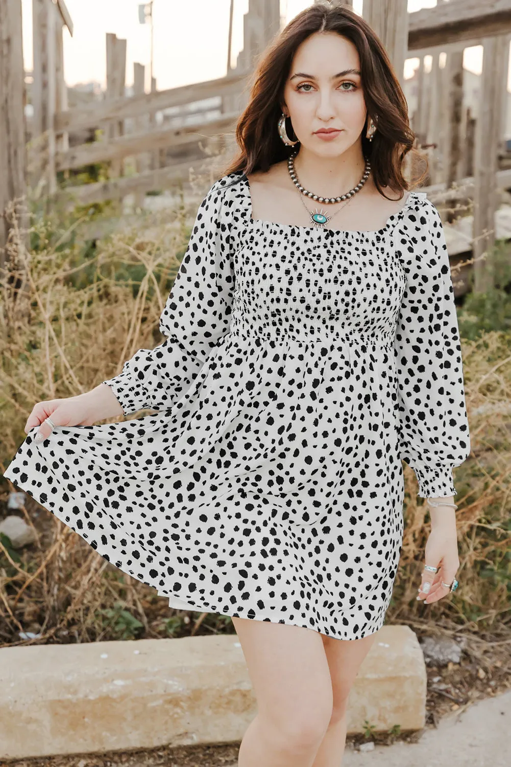 Square Neck Smocked Spotted Print Short Dress