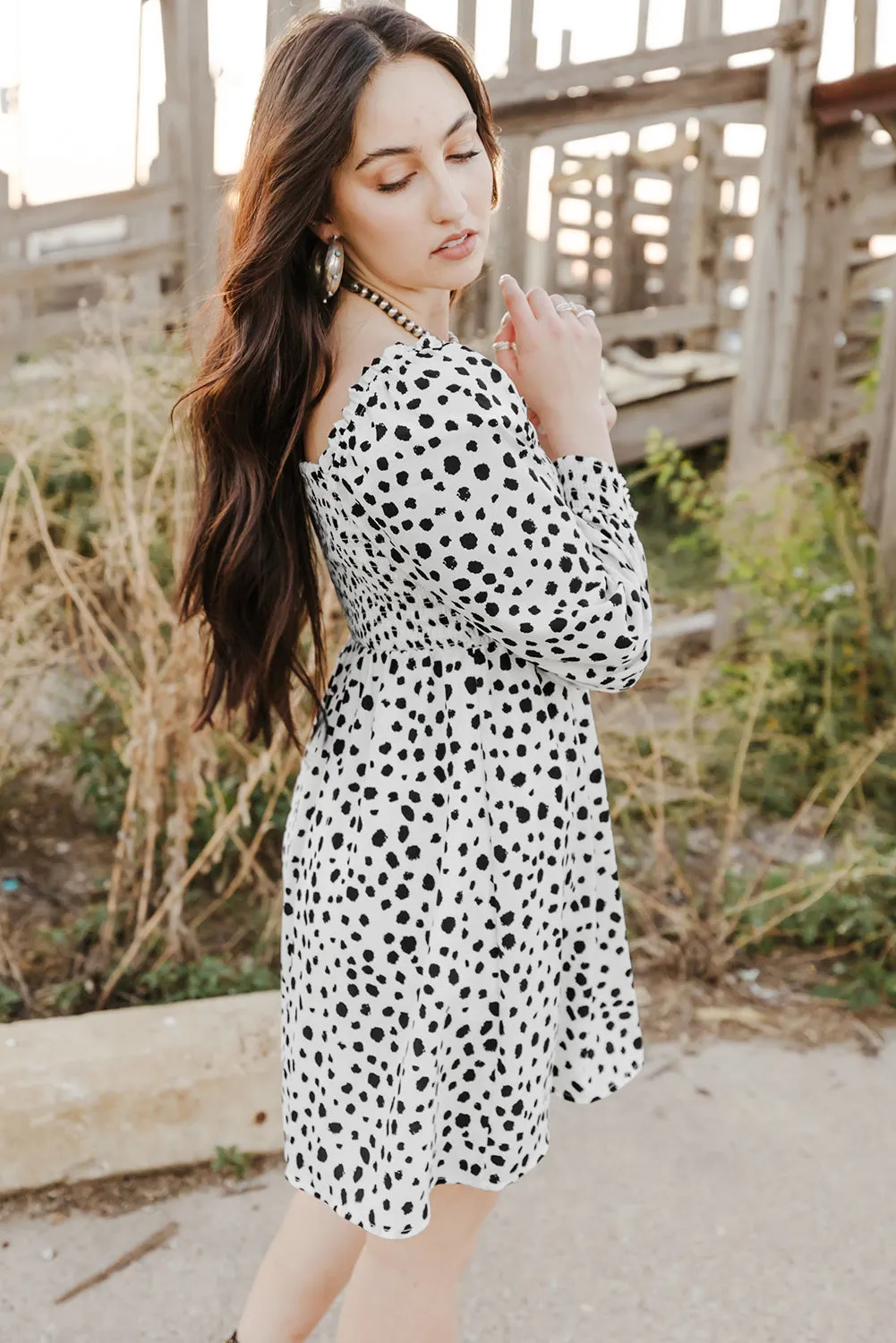 Square Neck Smocked Spotted Print Short Dress