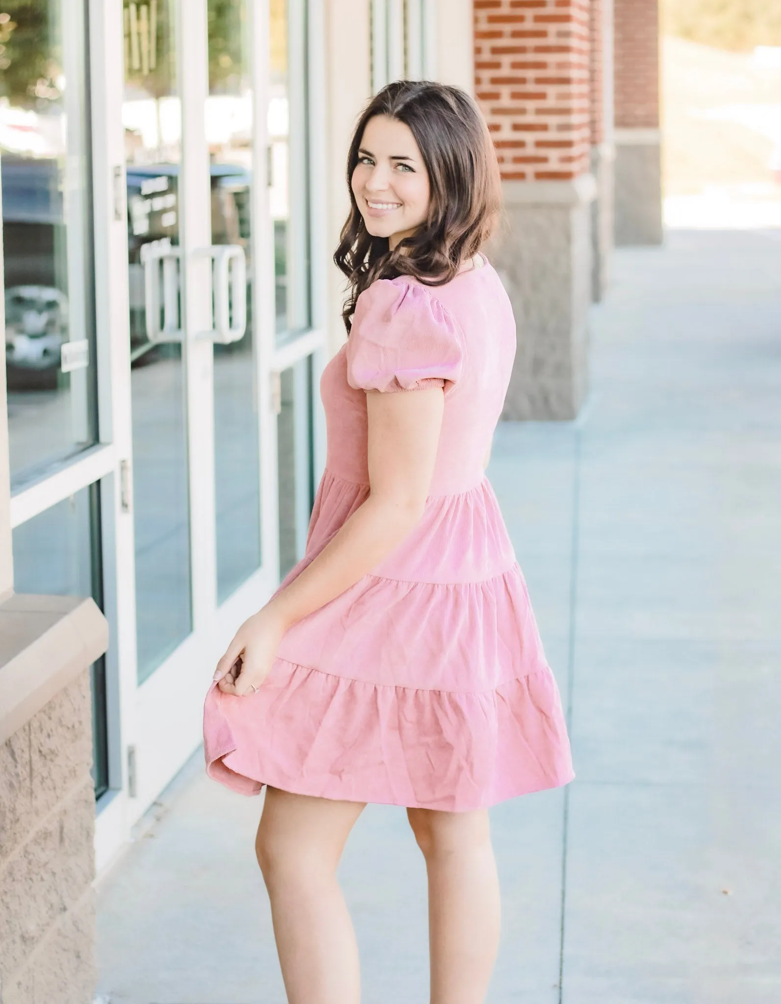 Tiered in Rose Corduroy Dress